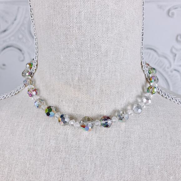 VTG Graduated Faceted Mirror AB Crystal Glass Bead Necklace, Wire Strung Single - Picture 2 of 6